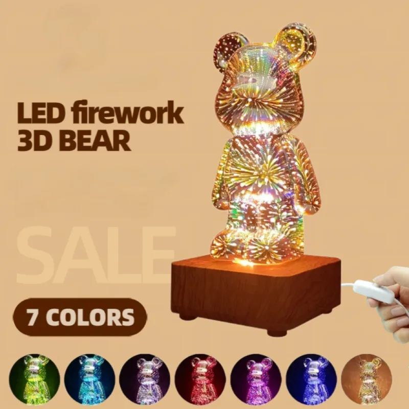 

LED 3D Smokey Bear Glass Light Cute Colorful Night Light Bedroom Bedside Ambient Decorative Lamp Christmas Kids Gift Table Lamp