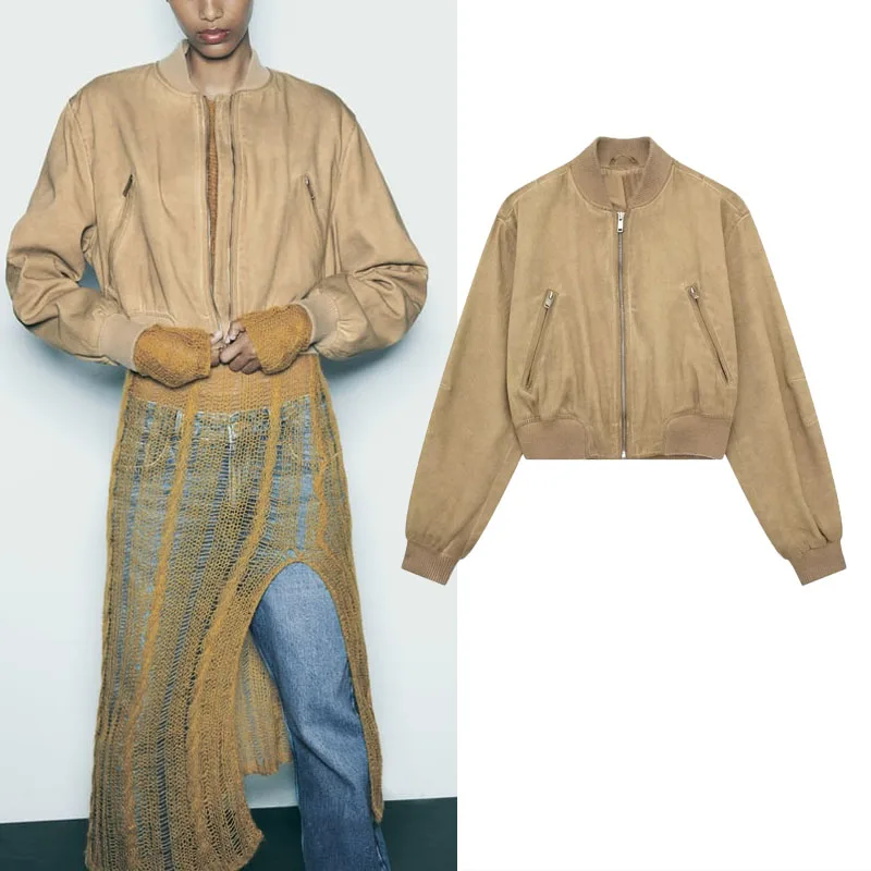 

TRAF 2023 Woman Cropped Bomber Jacket Fashion Brown O-neck Zipped Crop Coats 2023 Casual Elastic Hem Short Pilot Jacket Autumn