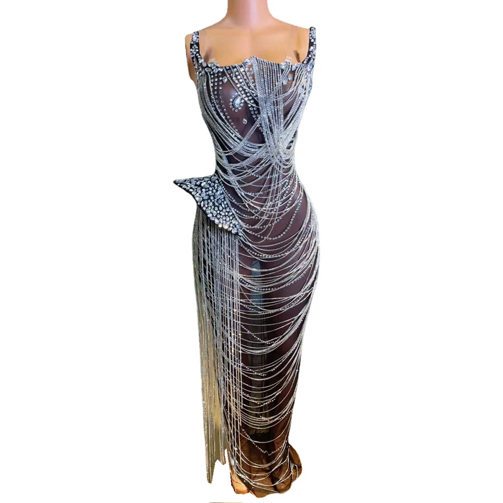Роскошное длинное платье стразы с цепочками и кристаллами, сексуальное Сетчатое прозрачное вечернее платье для выпускного вечера, праздничное платье, одежда для выступления певицы на день рождения