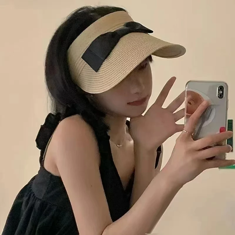 Sombrero de paja tejido с lazo для женщин gorra sol visera ancha анти-УФ Пляжная свободная летние