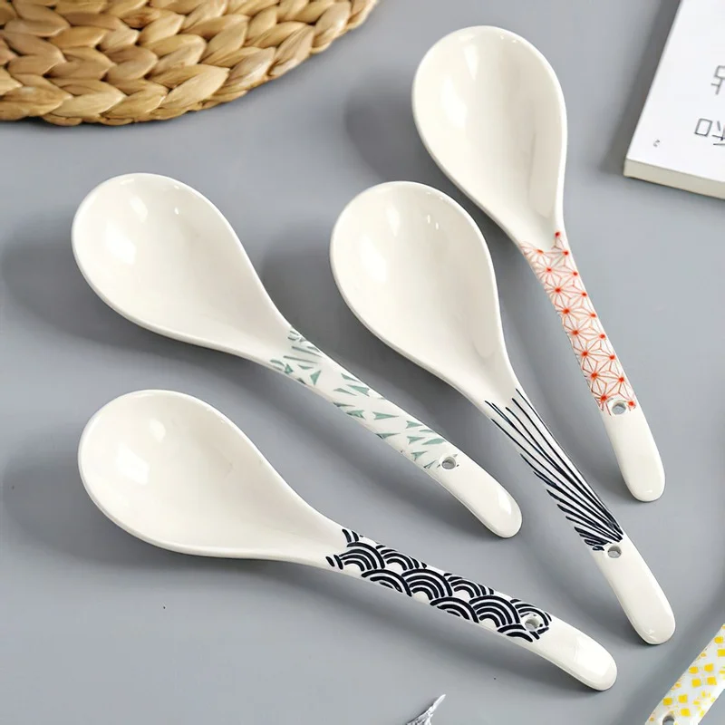 

1Pcs Ceramic Spoon Tableware Environmental protection Porcelain Ladle Japanese Soup Rice scoop Restaurant Household Kitchenware