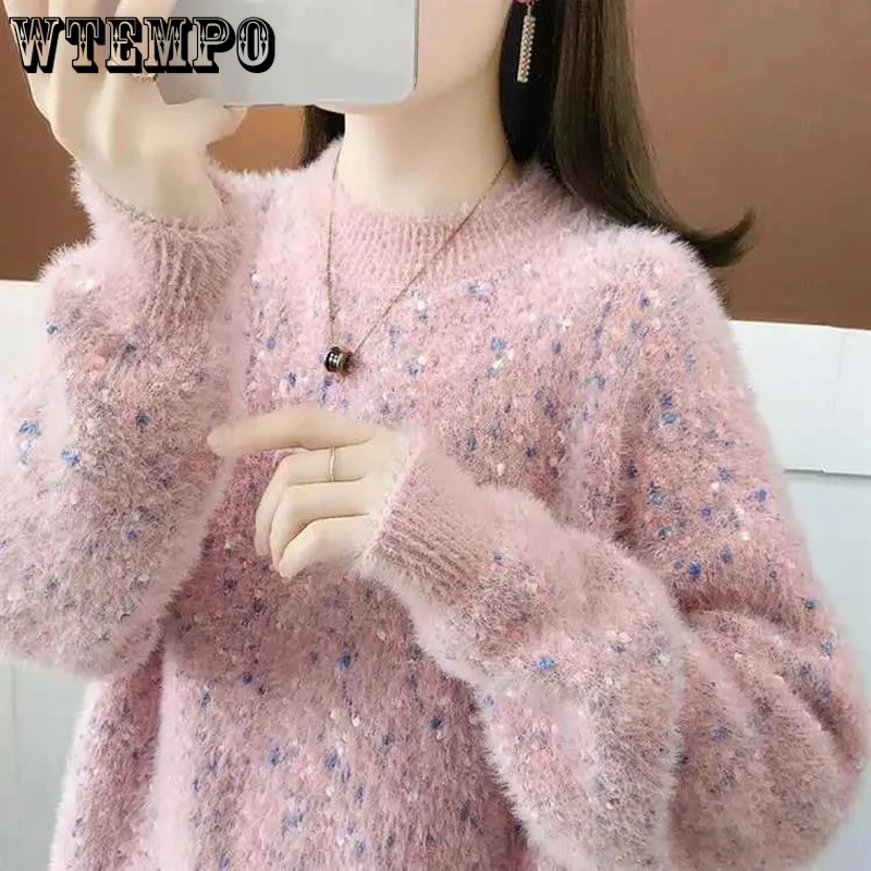 

Mohair Thick Half Turtleneck Women Sweater Pull Jumper Knitted Pullover Keep Warm Bottoming Shirt Loose Sweet Autumn and Winter