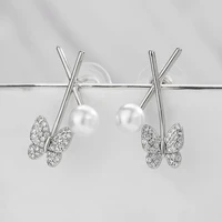 new sweet romantic white color butterfly pearl stud earrings for women elegant temperament zircon earring wedding party jewelry