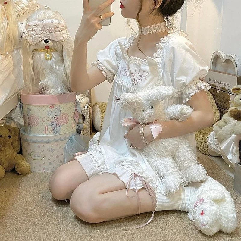 QWEEK Lolita Suits with Shorts Japanese Sweets 2 Piece Set Sleepwear Summer Kawaii Pajamas for Women Embroidery Room Wear