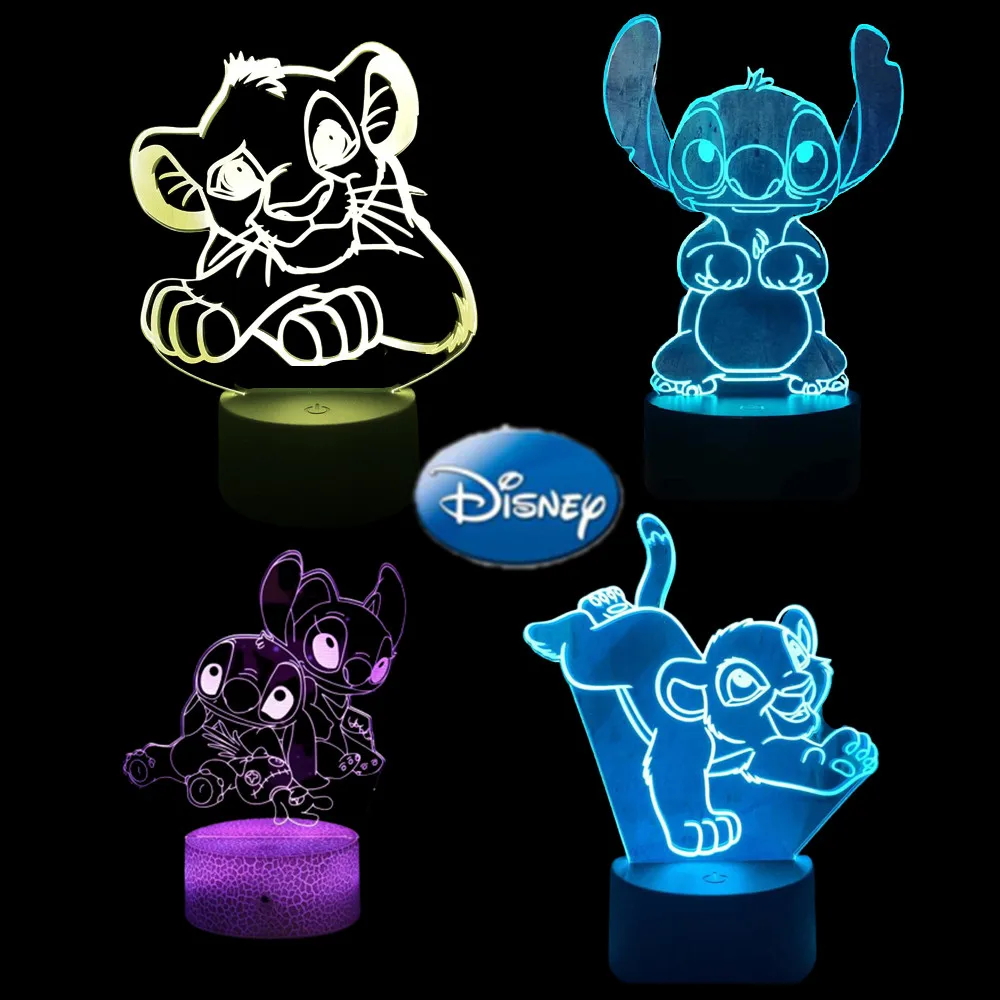 

Disney Stitch Simba Cartoon Night Lights 3D LED Action Figure Novelty Kids Gift Lighting Bedroom Decorator RGB Colorful Illusion