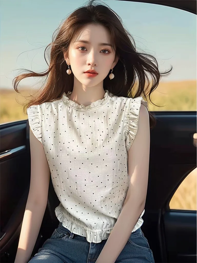 Шифоновые рубашки в горошек с деревянными ушками женские летние французские