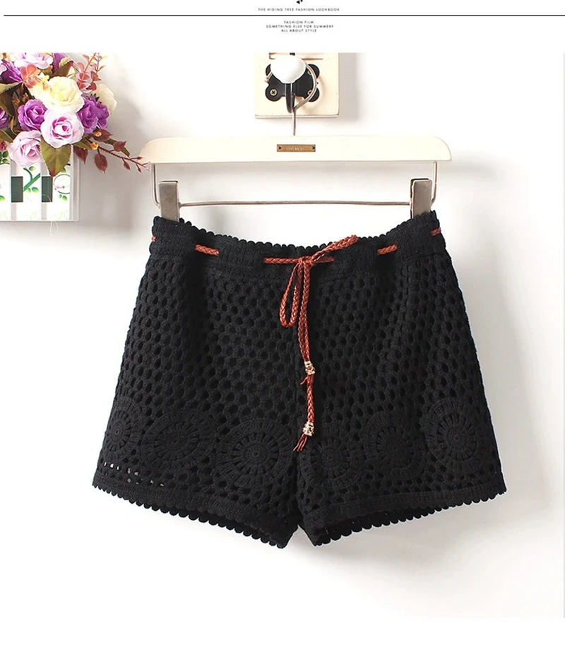 Female Summer Beach knitted Hook Eyelet Shorts Women outerwear anti glare safety pants Lace embroidery Fashion Short