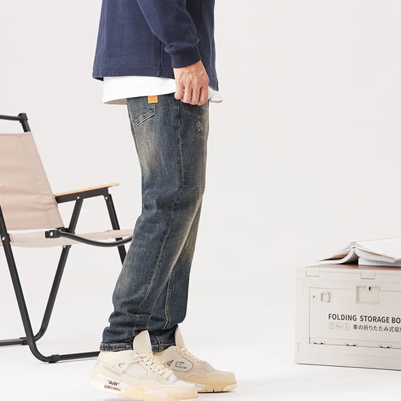 Men Clothing New Pattern Recreational Vintage Blue Jeans Straight Cylinder Loose High Street Trousers Autumn and Winter Female