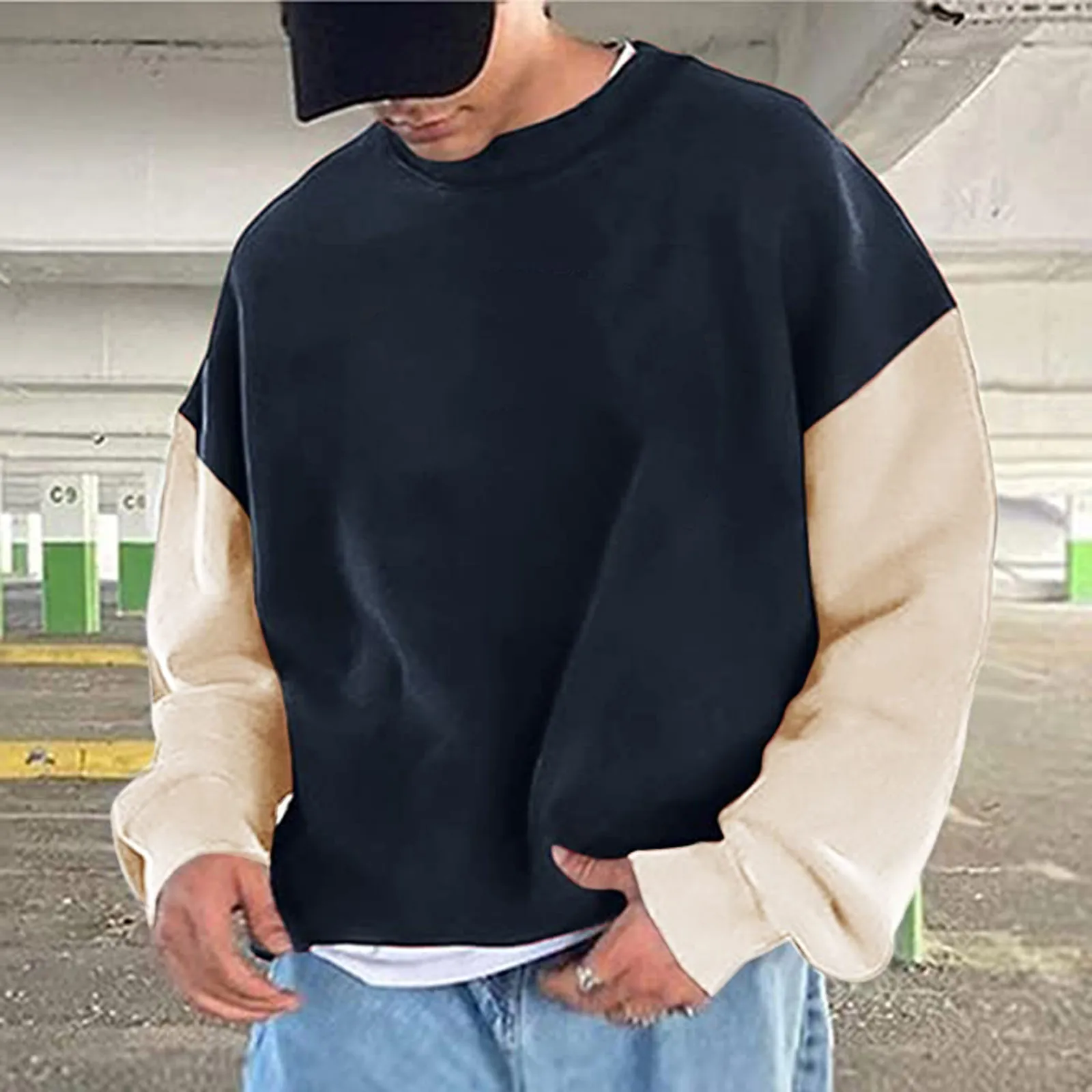 

Autumn Winter Oversized Sweatshirts Fleece Sweatshirt Color Block Sweater Round Neck Men's Sweatshirt Long Sleeve Sudaderas