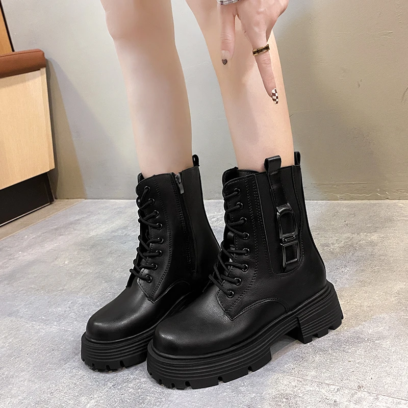 

Женские ботинки из ПУ кожи, черные эластичные ботинки с круглым носком, зимняя обувь, 2022