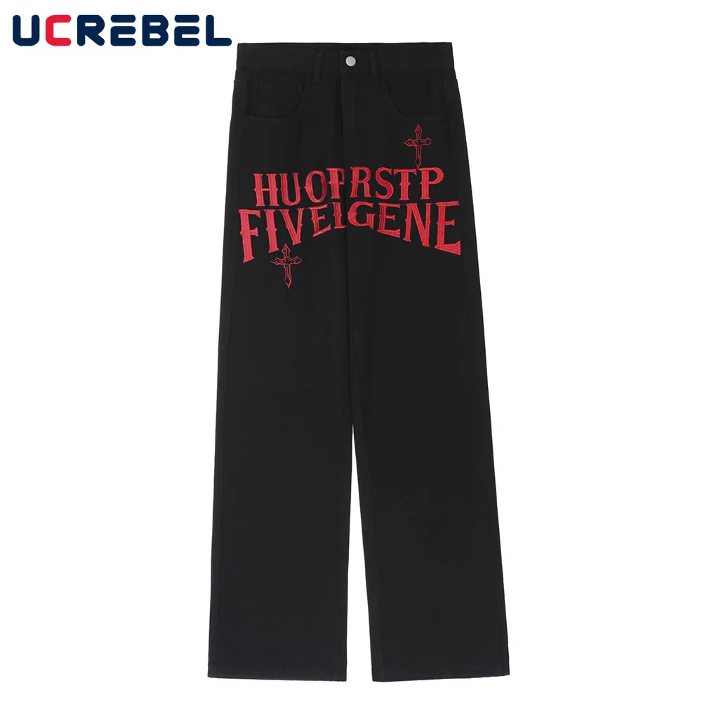 

Letter Embroidery Denim Pants Mens Streetwear Straight-leg Pants High Street Casual Jeans Men