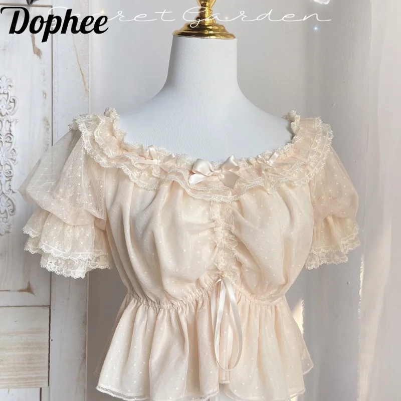 Оригинальная Лолита Dophee Элегантная блузка с пышными короткими рукавами милая
