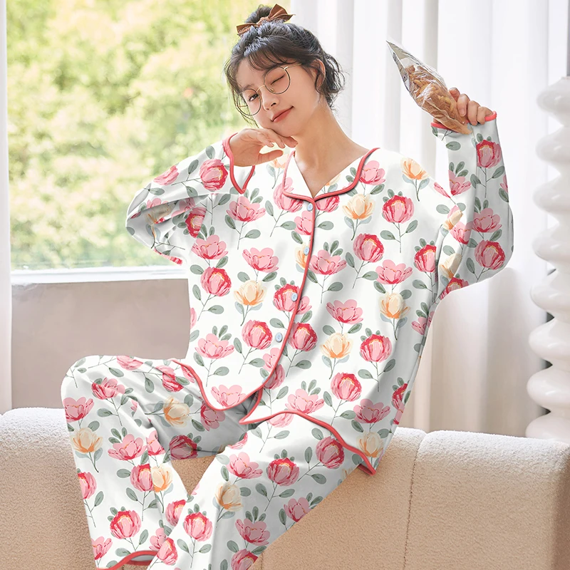 

2023 spring and autumn long sleeved trousers small lapel pajamas female cartoon cute students casual cotton cardigan home clothe