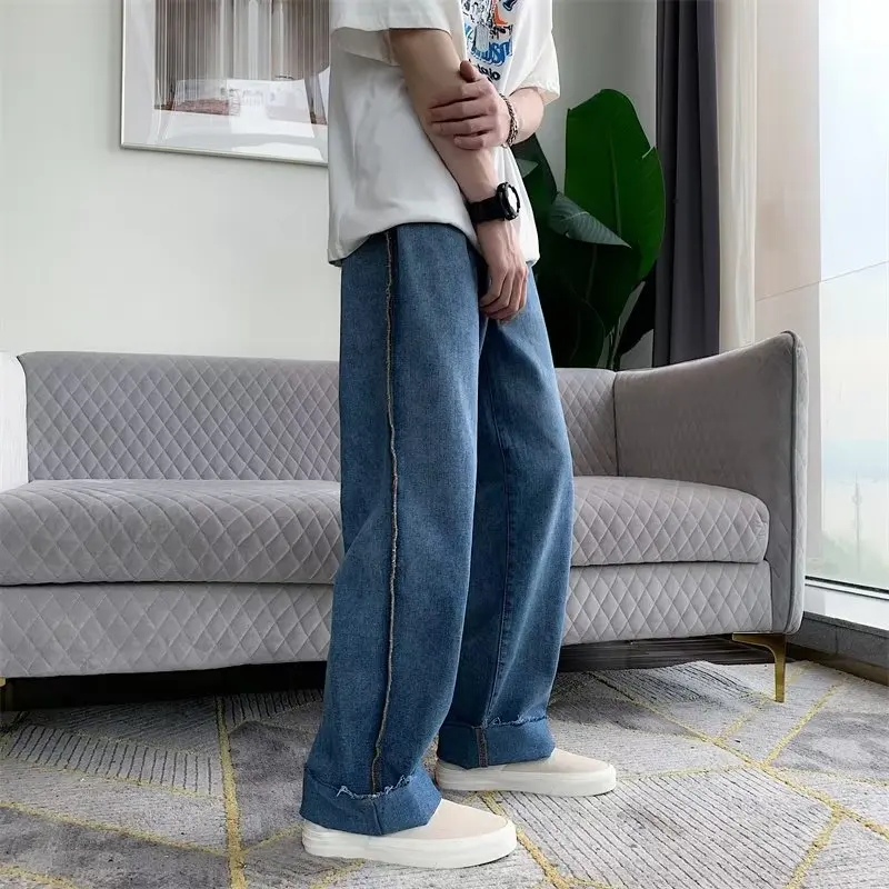 Mens Side Striped Fashion Jeans Blue Drawstring All-match Trousers Korean Style Streetwear Loose Wide-leg Pants