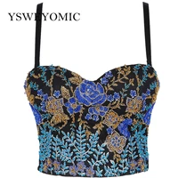 sexy embroidered beaded female corset with cup nightclub party short women camisole push up bustier crop tops