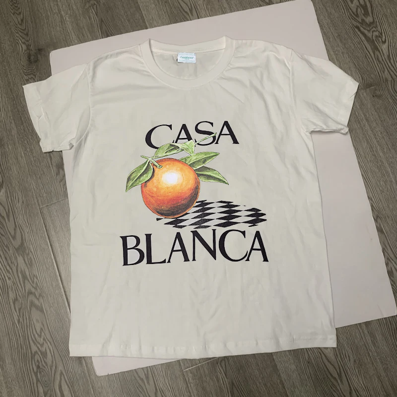 

Summer New CASABLANCA T-shirts Orange Check Letter Print Short Sleeve Tops Cotton Loose Casa T Shirt for Men Women