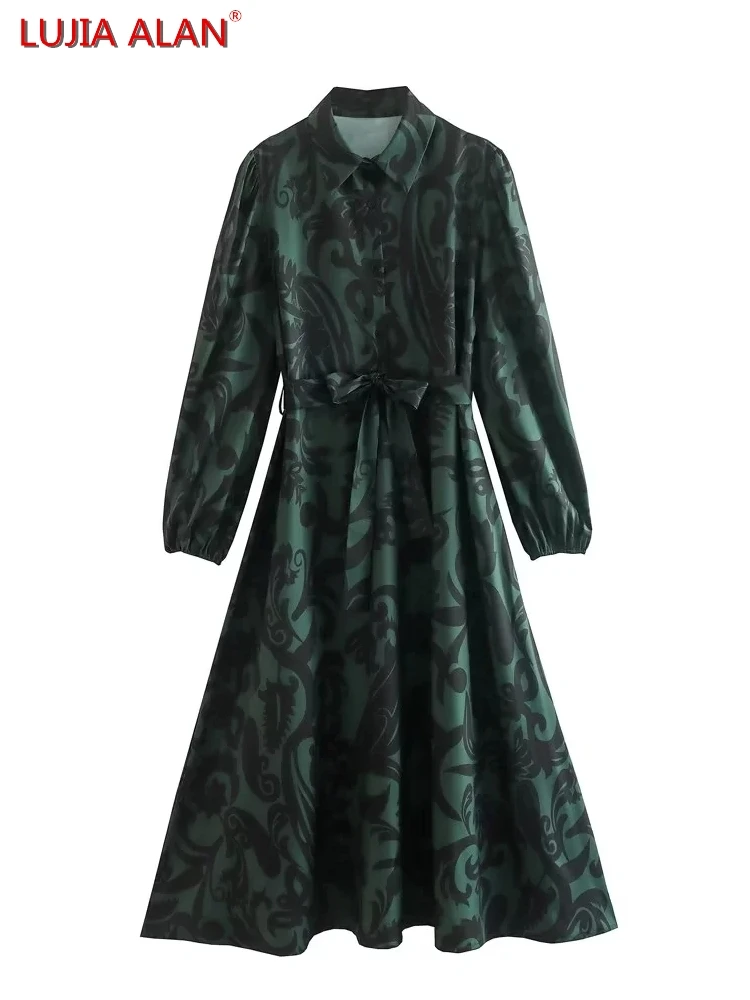 

New Women's Digital Printing Turndown Collar Belt Lantern Sleeve Casual Loose Long Dress LUJIA ALAN WD1088