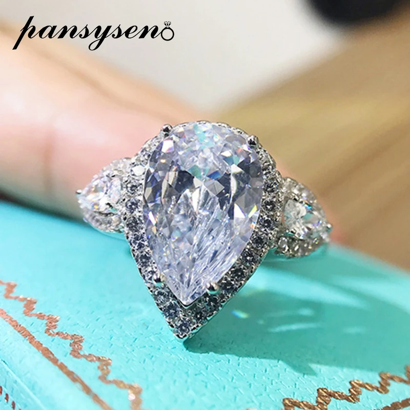 

PANSYSEN 925 Sterling Silver Pear Simulated Moissanite Rings for Women Bridal Wedding Engagement Ring White Gold Color Anillos