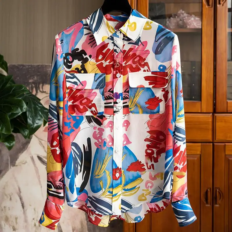 

Abstract Floral Print Double Pocket Shirt Long Sleeve Women's Shirt Autumn Women's Lapel Simulation Silk Shirt Ladies Blouse