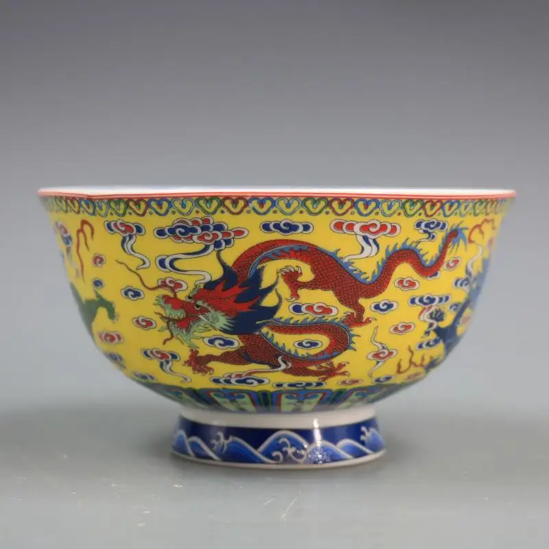 

Qing Dynasty Qianlong Year Mark Yellow Glaze Dragon Cloud Pattern Bowl Antique Enamel Porcelain Home Decoration Ornaments Bowl