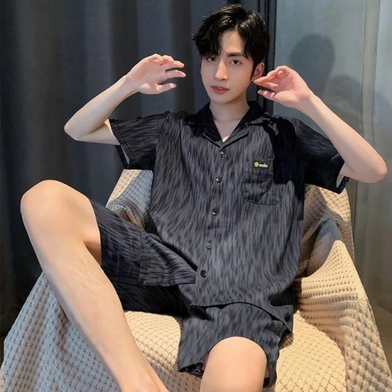 1 Pajamas men's summer ice silk short sleeve summer men's thin silk teen cartoon school loungewear set
