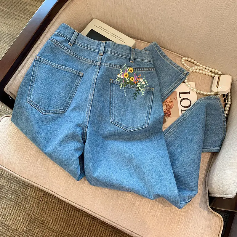 women's Korean version 2022 spring new embroidered high-waisted simple jeans straight-leg loose and thin casual wide-leg pants