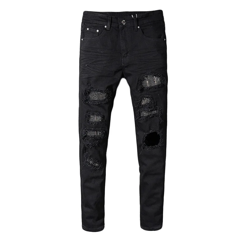 

Sokotoo Men's slim skinny crystal rhinestone patchwork ripped jeans Fashion patch black stretch denim pants