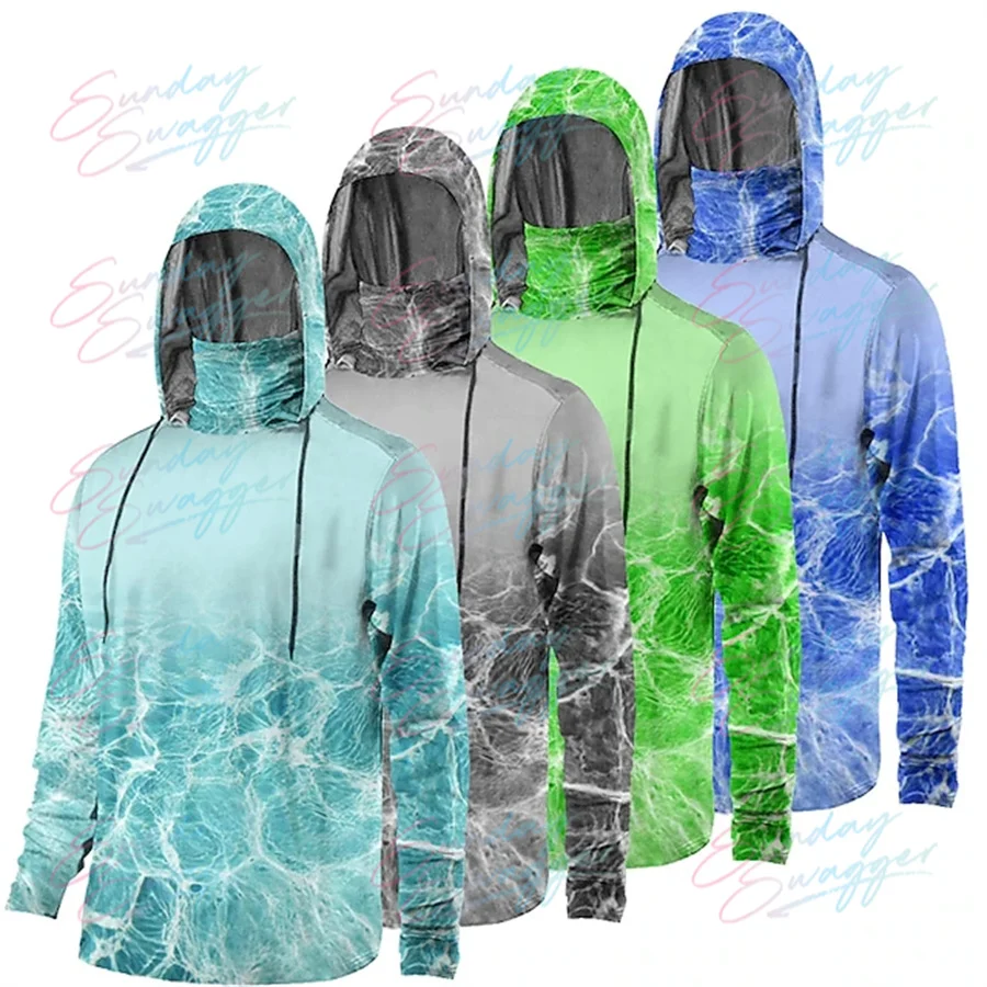 

Ocean Men's Hoodie Jacket Fish Print Hook Hooded Outdoor Long Sleeve UPF50+Anti UV Breathable Quick Dry Top Summer Fishing