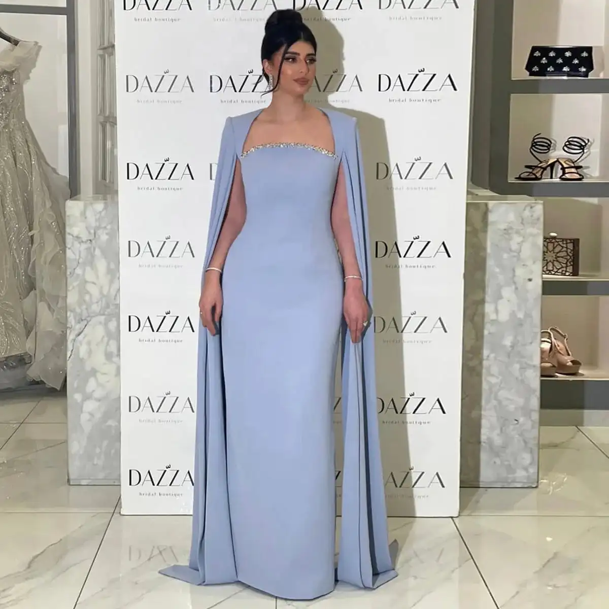Фото Вечернее платье POD Simple Blue Square Collar с пайетками, длинное, из атласа, для торжественных мероприятий и выпускных вечеров, на заказ, женское, для вечеринок №2
