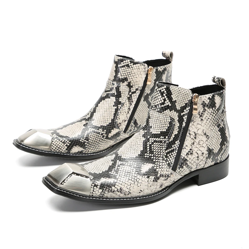 

2023 Original Pointed Toe Pattern Business Shoes Social Big Size Zipper Ankle Boots British Style Leather Men Cowboy Boots