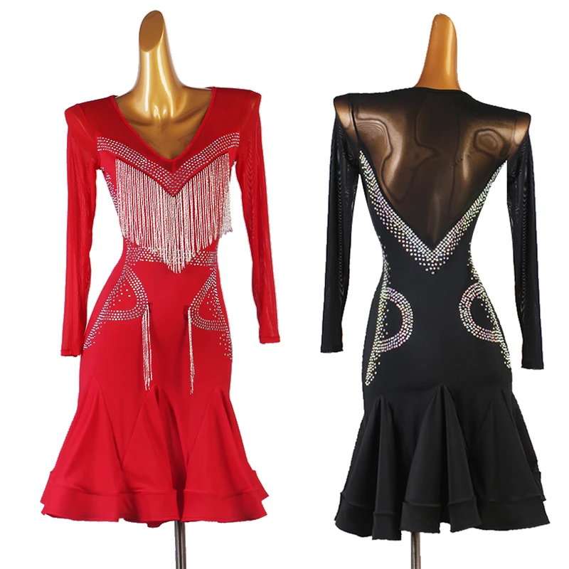 

Блестящее платье для латиноамериканских соревнований с бахромой и бриллиантами, Женская сетчатая тренировочная одежда с длинным рукавом, Одежда для танцев румбы, настраиваемая DQL4760