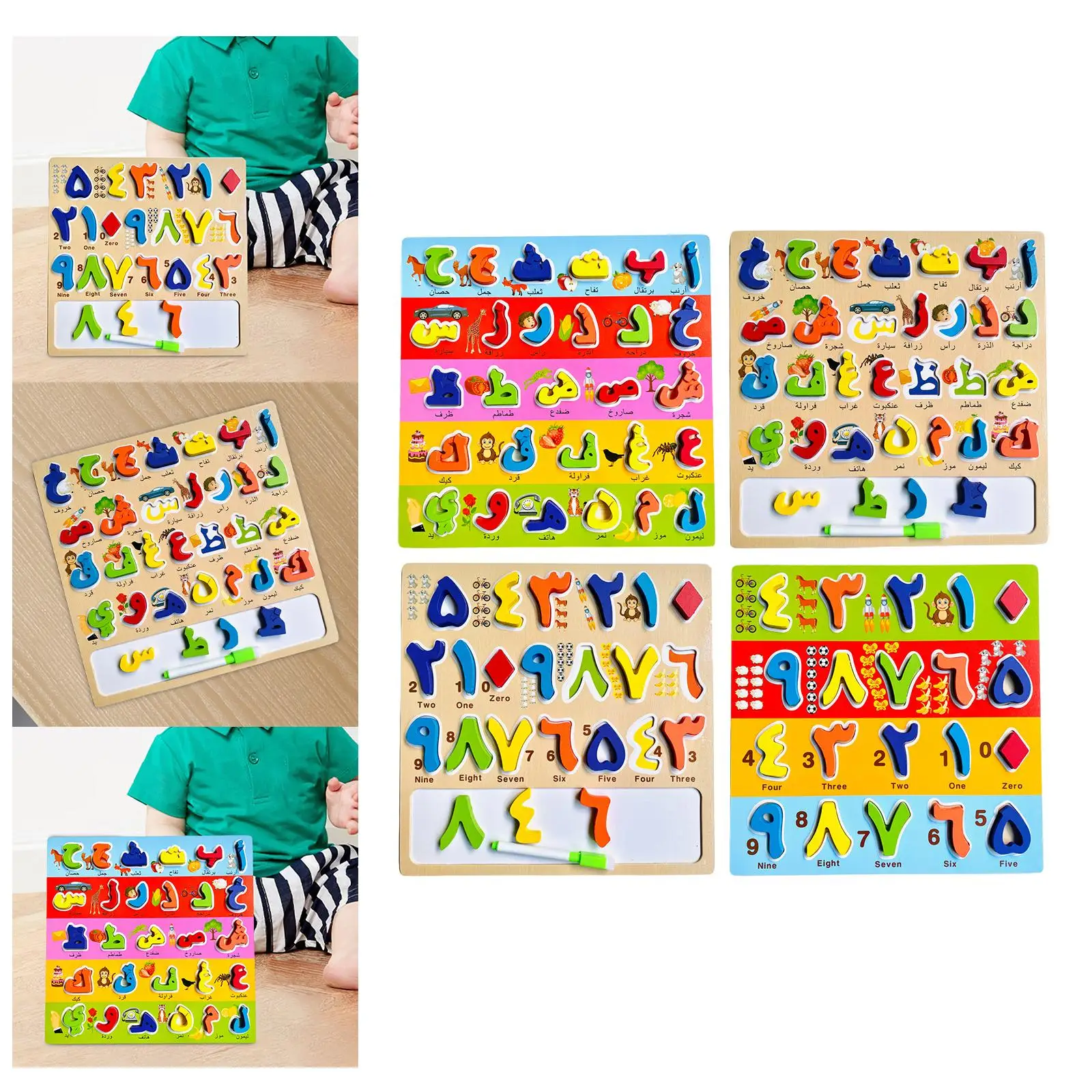 

Wooden Alphabet/Number Bright Color Arabic Puzzle Board for Toddlers Kids Teaching Aids Learning Matching Toy Gifts