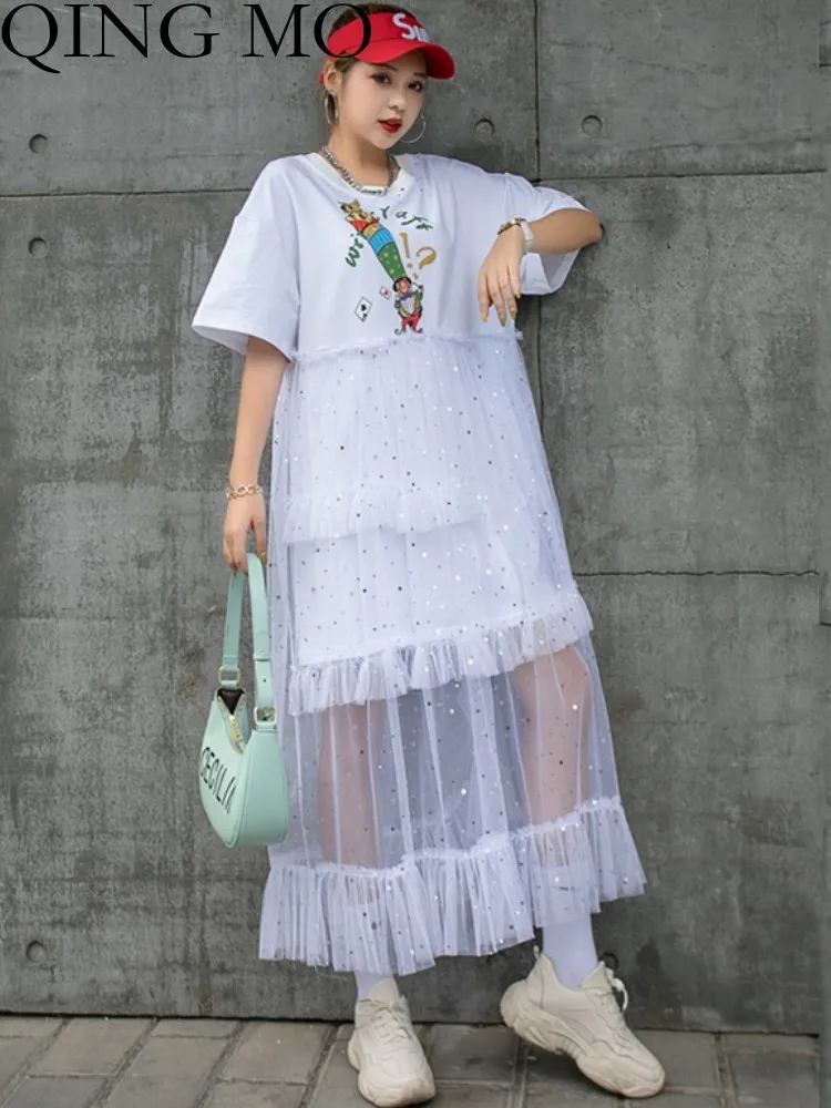 

QING MO 2023 Summer New Cartoon Printing Medium Length Mesh Splice Fake Two Piece Loose Short Sleeve Dress Women White ZXF2726
