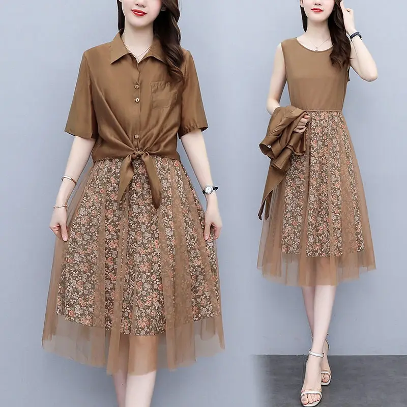 

Mesh Mid-Length Dress 2022 Summer New Style Slimming Women's Shirt Dress Suit Fashion Casual Floral Two Piece Set H364