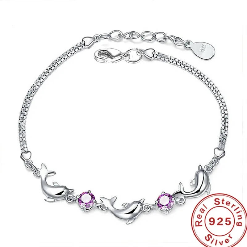 

925 Sterling Silver Bracelet Small Dolphin Amethyst Bracelet Woman Engagement Wedding Jewelry Gift