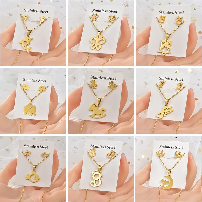 20set/lot Trendy Stainless Steel Owl Butterfly Elephant Pendant Chain Necklace Stud Earring for Women Party Fashion Jewelry Set |