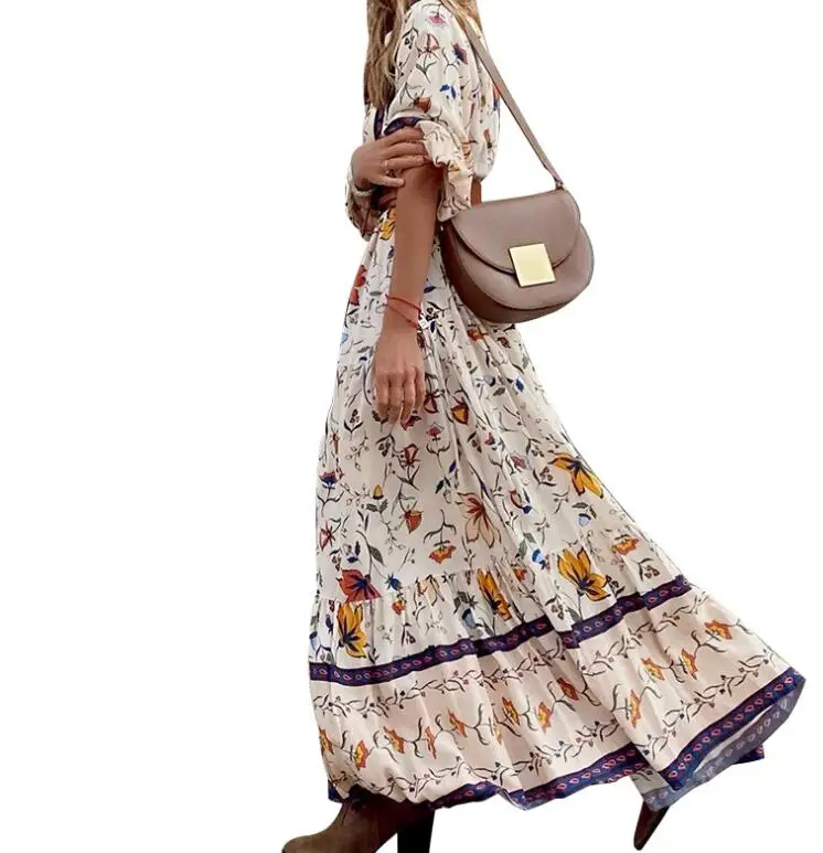 Женское богемное платье с длинным рукавом V-образным вырезом и принтом (без пояса)