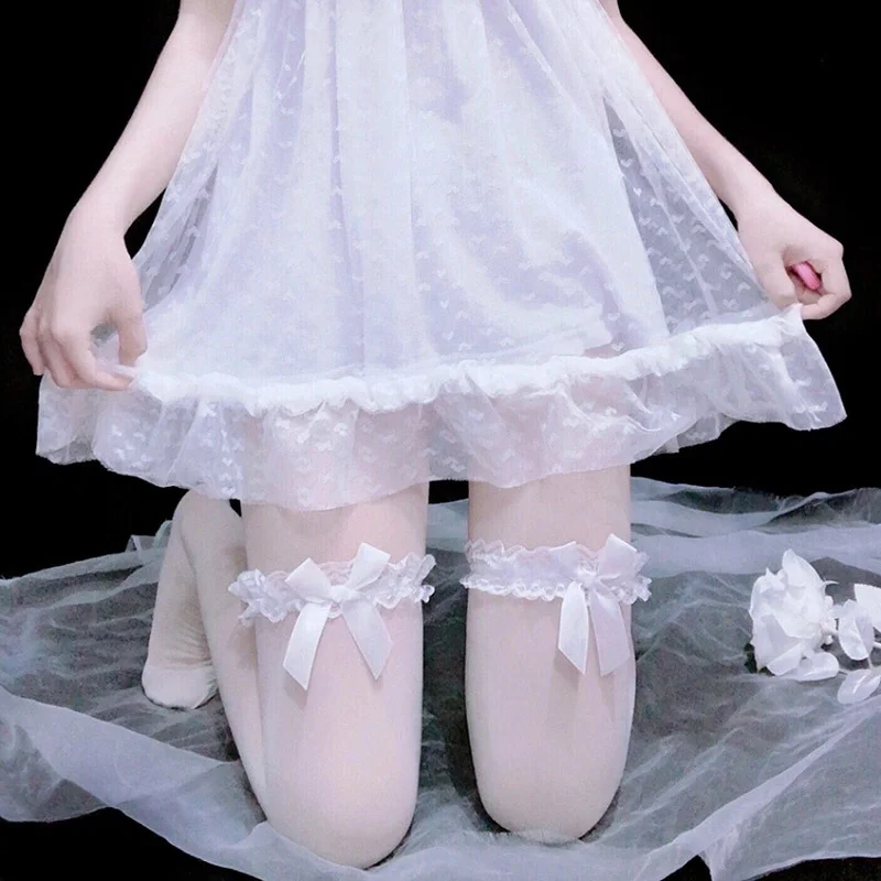 

Over Knee White Bow Sexy Suspender Tube Silk Thigh High Cute Maid Stocking Transparent Stockings Pure Lovely Bow