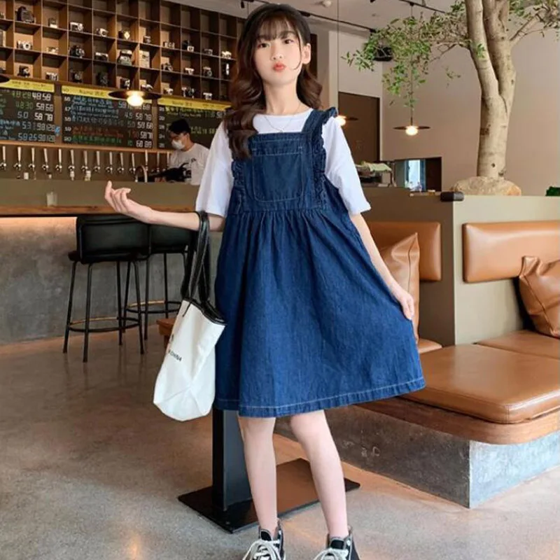 

Джинсовый комбинезон на подтяжках для девочек, детский летний школьный корейский сарафан, модное платье для 6, 8, 10, 12 лет, новинка 2022