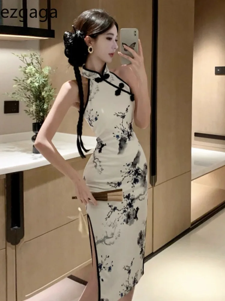Ezgaga винтажные платья женские без рукавов с воротником-стойкой сексуальное
