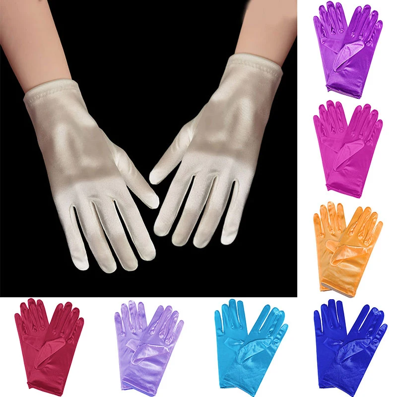 

New Satin Short Bridal Gloves Pearl Full Finger Mittens Stretch Beaded Gloves Wedding Performances Gloves Costume Party Gloves