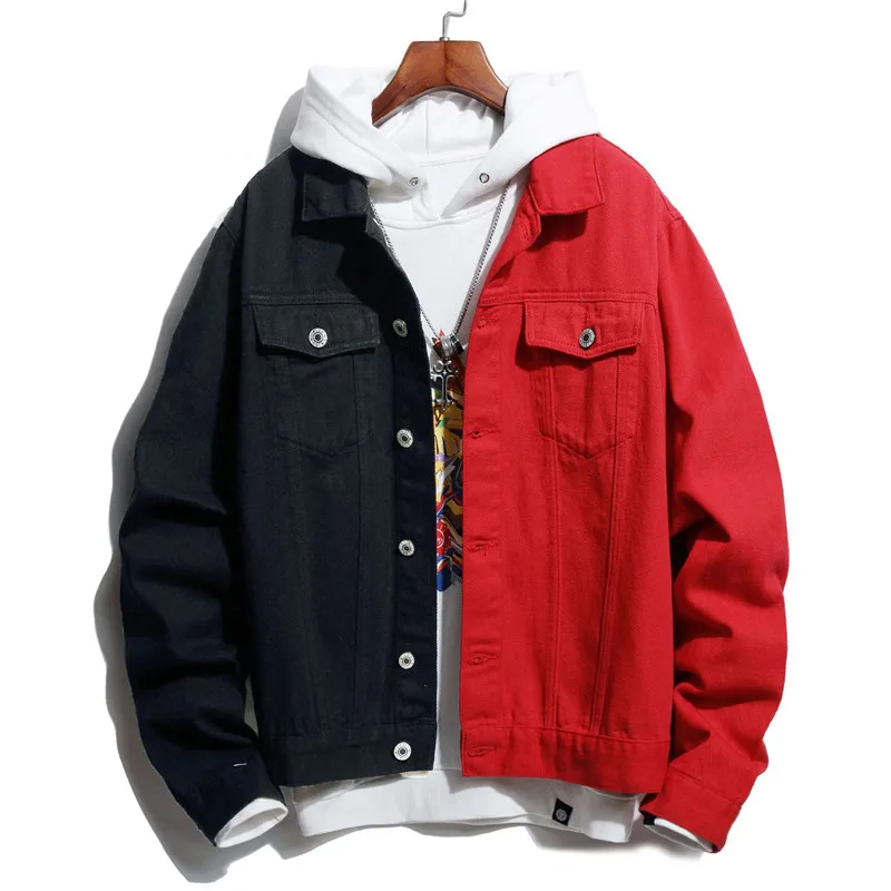 

Autumn Winter Men Denim Jacket Fashion Self-cultivation Casual Two-color Stitching Black/red Black/blue Black/white Jeans Jacket