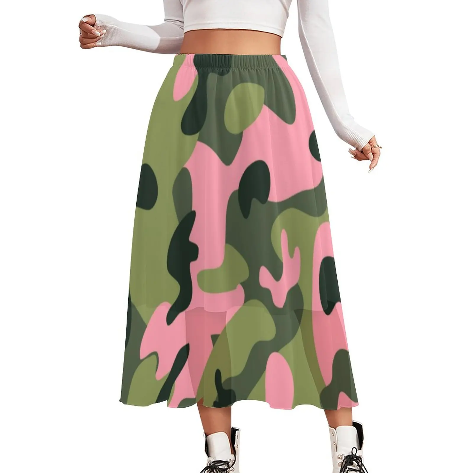 

Женская шифоновая юбка с камуфляжным принтом, зеленая, розовая камуфляжная длинная юбка-трапеция в стиле Харадзюку, Современная юбка с узор...