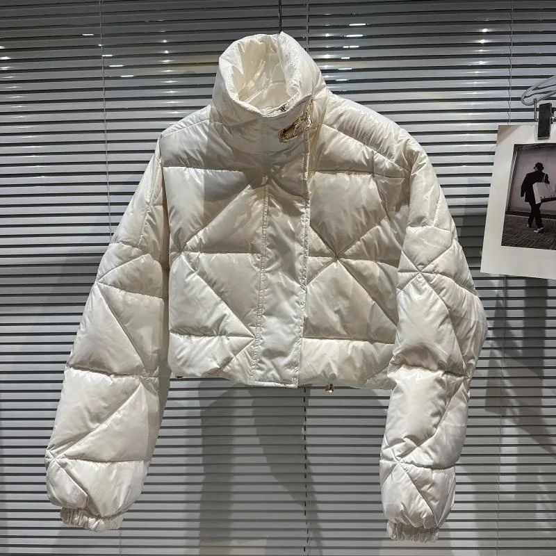 2022 Winter New Collection Metal Buckle Stand Collar Bright Plaid Warm Jacket Women White Duck Down Coat