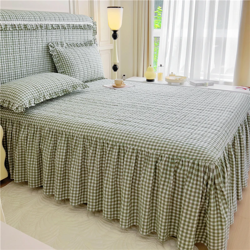 Bed Skirt One-Piece Cotton Pure Yarn-dyed Washed Apron Bedspread Sheet Four Seasons Universal with Skir...