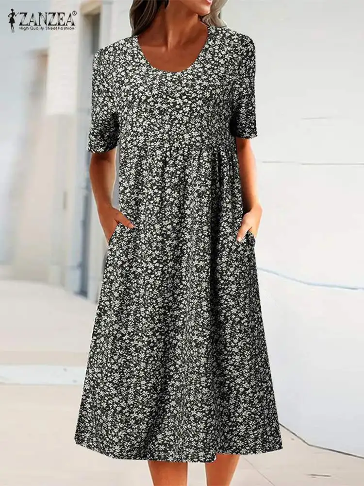 

Коллекция 2022 года, богемный женский сарафан ZANZEA с коротким рукавом и цветочным принтом, Летние Повседневные Вечерние чные платья, женское п...