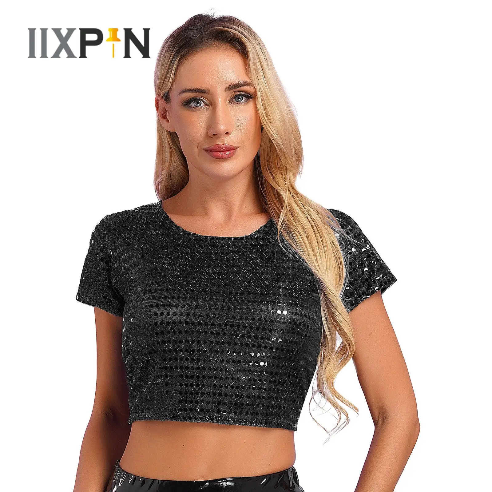 

Hot Fashion Womens Shirts Tee Tops Club Crop Top Shiny Sequin Short Sleeve T-Shirt Crop Blouse Carnival Party Disco Dancewear