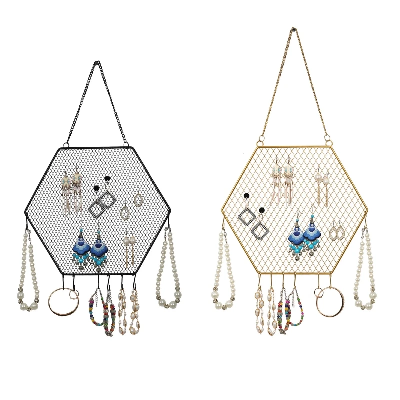 

Wall Mounted Earring Organizer w/ Hanging Hooks Earring Wall Holder Hanging Hexagon Earring Stand Decorative Grid Shape