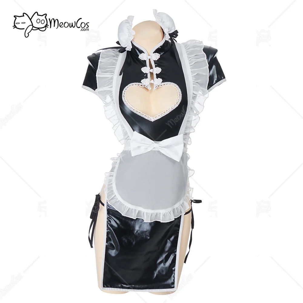 

Women's Lingerie Set Maid Style Chest Open Cheongsam Dress Cosplay Costume with Apron Thong Stockings