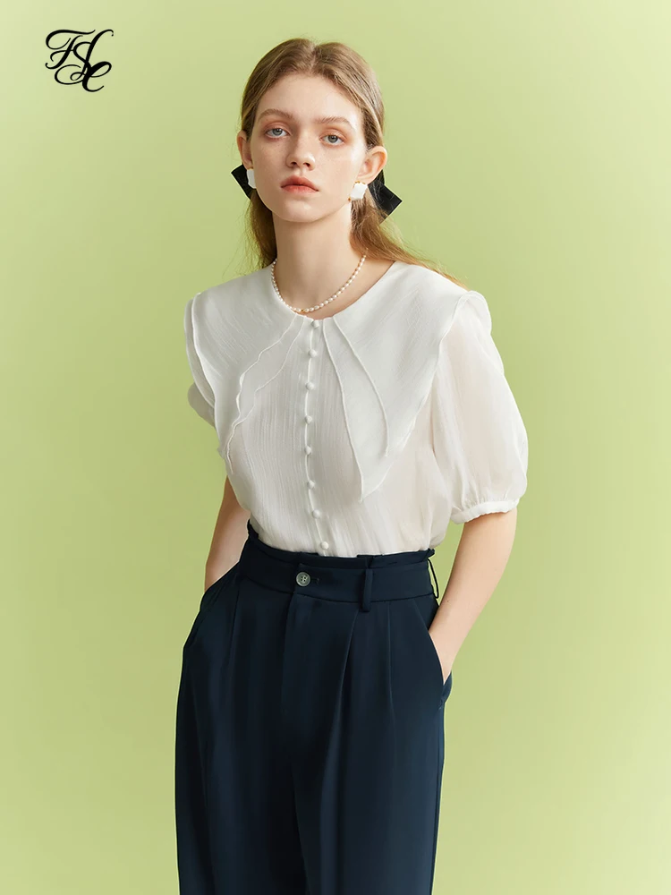 

FSLE Temperament Double-layer Large Lapel Shirts Women Design Sense Niche Half Sleeve Summer White Casual Commute Female Blouses